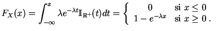 $\displaystyle F_X(x)
=\int_{-\infty }^x\lambda e^{-\lambda t}\mathbb {I}_{\mat...
...leq 0
\\
1-e^{-\lambda x} & \mbox{si } x\geq 0
\;.
\end{array}
\right.
$