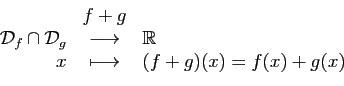 \begin{displaymath}
\begin{array}{rcl}
&f+g&\\
{\cal D}_f\cap{\cal D}_g&\longri...
...rrow&\mathbb{R}\\
x&\longmapsto&(f+g)(x)=f(x)+g(x)
\end{array}\end{displaymath}