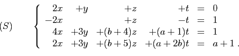\begin{displaymath}
(S)\qquad
\left\{
\begin{array}{rrrrcl}
2x&+y&+z&+t&=&0\\
-...
...1)t&=&1\\
2x&+3y&+(b+5)z&+(a+2b)t&=&a+1\;.
\end{array}\right.
\end{displaymath}